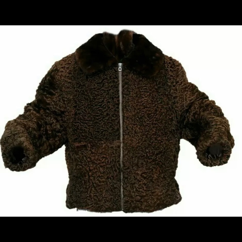100% Real Persian Lamb Brown Bomber Jacket with real matching Mink fur collar,